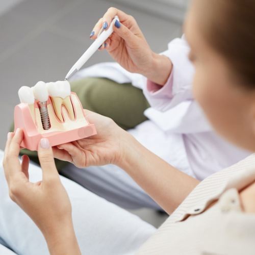 Dentist showing patient a dental implant model