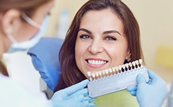 a cosmetic dentist holding a shade chart up to a patient’s teeth